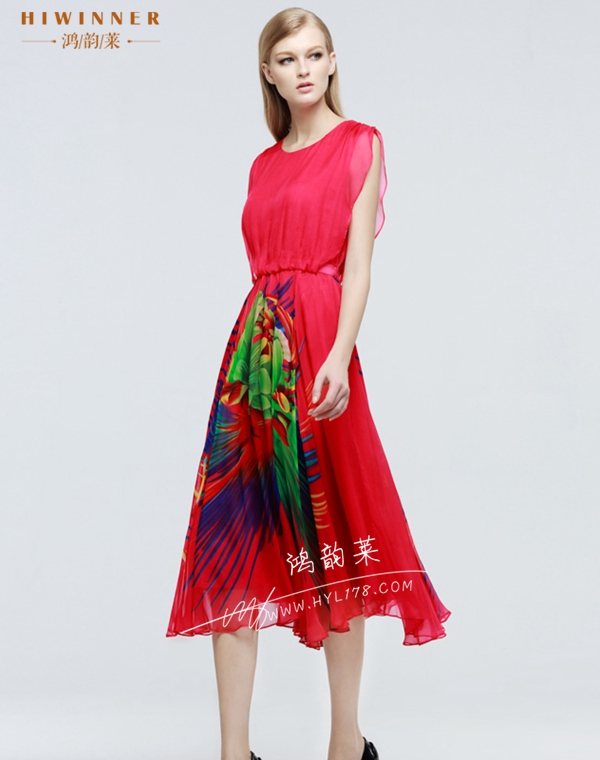 2015夏季民族風(fēng)定位印花真絲連衣裙