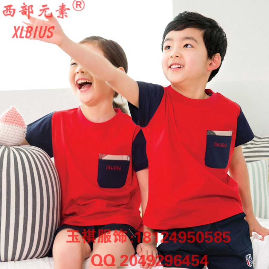 供应西部元素幼儿园园服夏季新款圆领纯棉休闲运动套装小学生班服定做图片