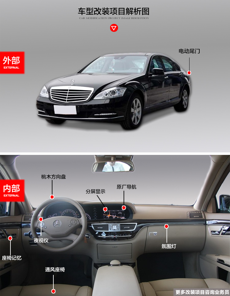 奔驰S300 S350 W221改加装氛围灯电动尾门后备箱通风座椅记忆夜视系统09款