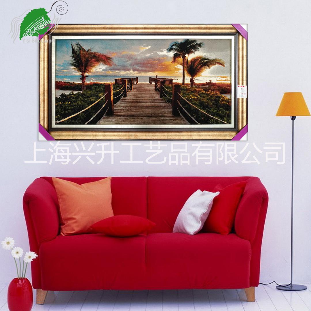 亿丝纯正伊朗进口古典欧式风景夏威夷树海滩海景羊毛挂毯115x65cm 手工编织真丝地毯精品挂毯图片