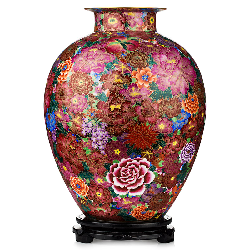 【刻金絲琺瑯彩萬花富貴瓶】 何叔水林正茂合作