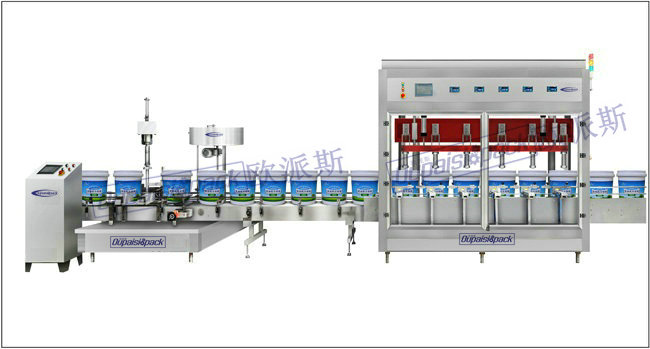 大桶装灌装旋盖压盖生产线图片