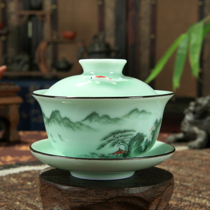 陶瓷青瓷功夫茶具 手繪手彩浮雕魚三才大茶碗蓋碗