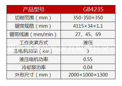 GB4235金属带锯床设备技术参数