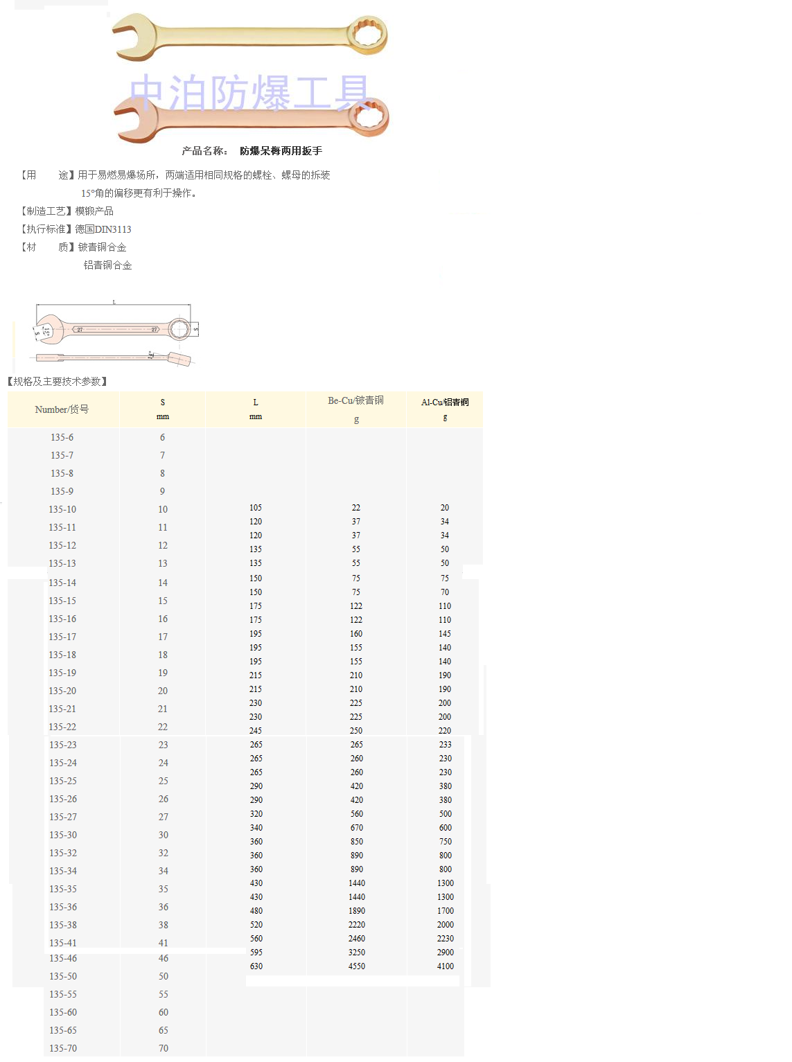 中泊防爆呆梅两用扳手弯柄呆扳手厂家生产铜制工具图片