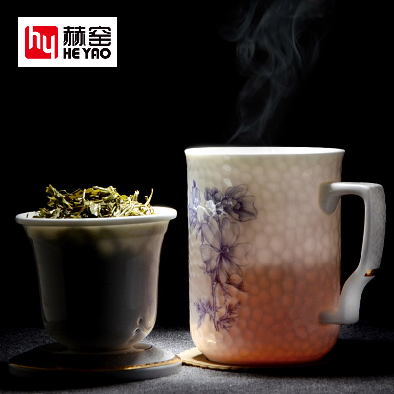 茶漏陶瓷水杯广告带盖花草骨瓷杯子