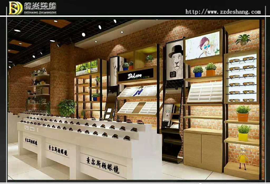 烤漆木紋眼鏡展柜，專業(yè)眼鏡店裝修圖片
