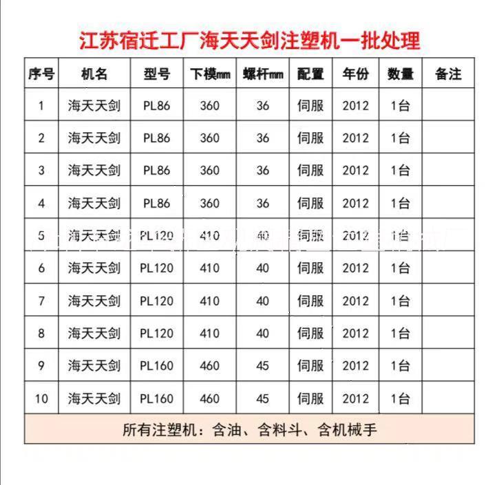 转让江苏省宿迁 工厂海天天剑原装伺服注塑机一批，PL86、120、160全部工厂在位，现场出售