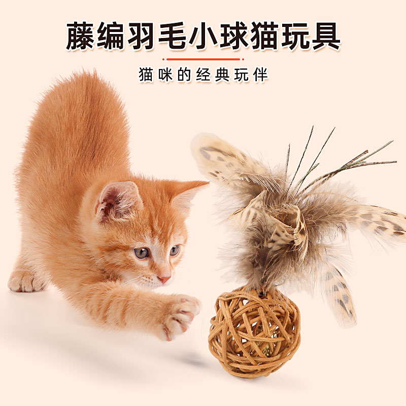 厂家批发猫咪玩具啃咬解闷宠物用品编制球羽毛猫玩具逗猫器耐咬 舔舔乐藤编羽毛小球图片