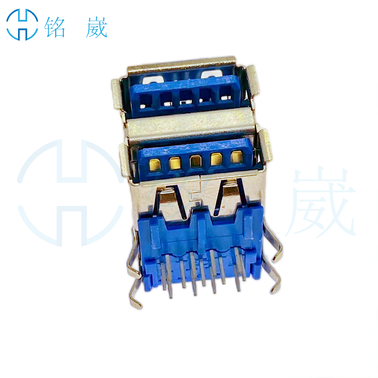 USB双层A母2.0 3.0二合一 90度四脚插DIP弯脚卷边 蓝色胶芯