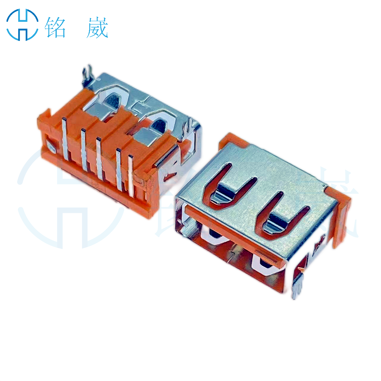 USB2.0座板上A母两脚插DIP短体10.0mm板上高6.3-6.8mm直边 鱼叉脚 橙色胶芯