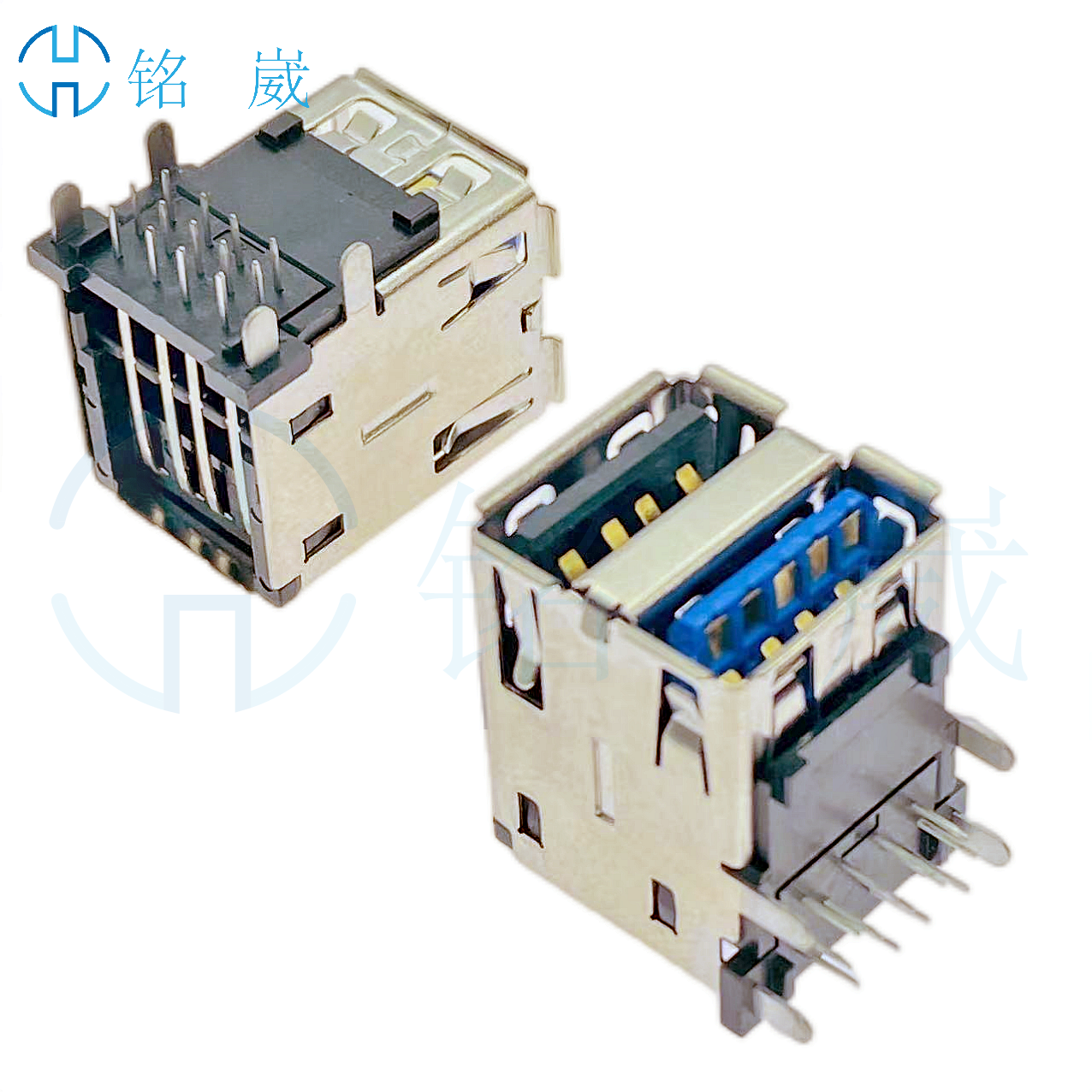 USB双层A母2.0 3.0二合一 90度四脚插板13PDIP直脚卷边 黑色+蓝色