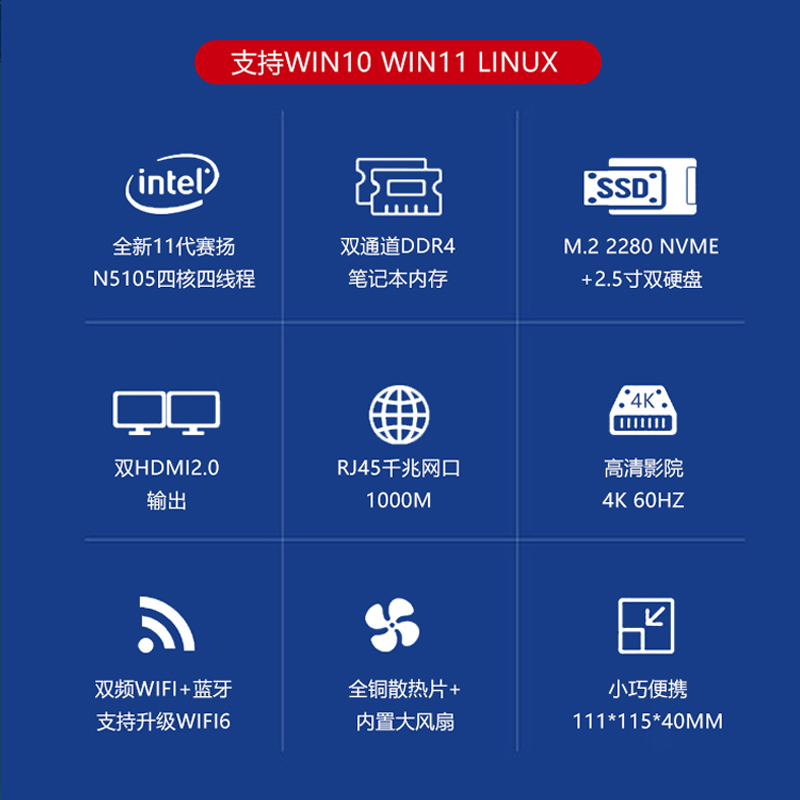 N5105迷你主机11代N5105迷你主机4K便携电脑办公家用台式MiniPC