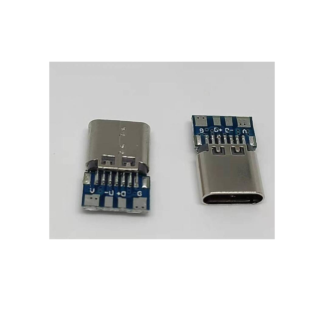 TYPE-C母座 14PIN夹板焊线式 带PCB数据板 有IC 镀镍-镀金铆压外壳