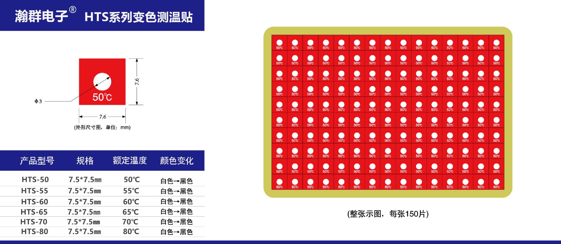 HTS系列变色测温贴片白色变黑色瀚群不可逆测温贴片示温片测温纸