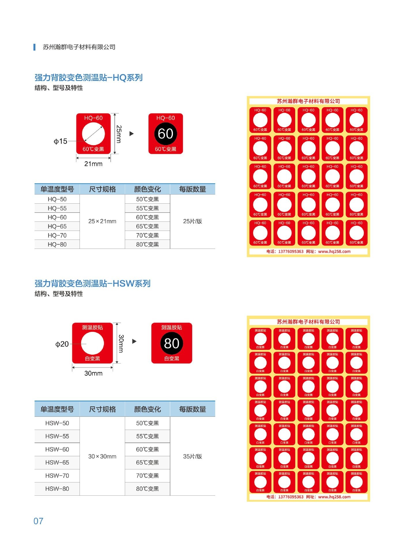 HSW系列白色变黑色变色测温贴片瀚群不可逆测温贴片示温片测温纸