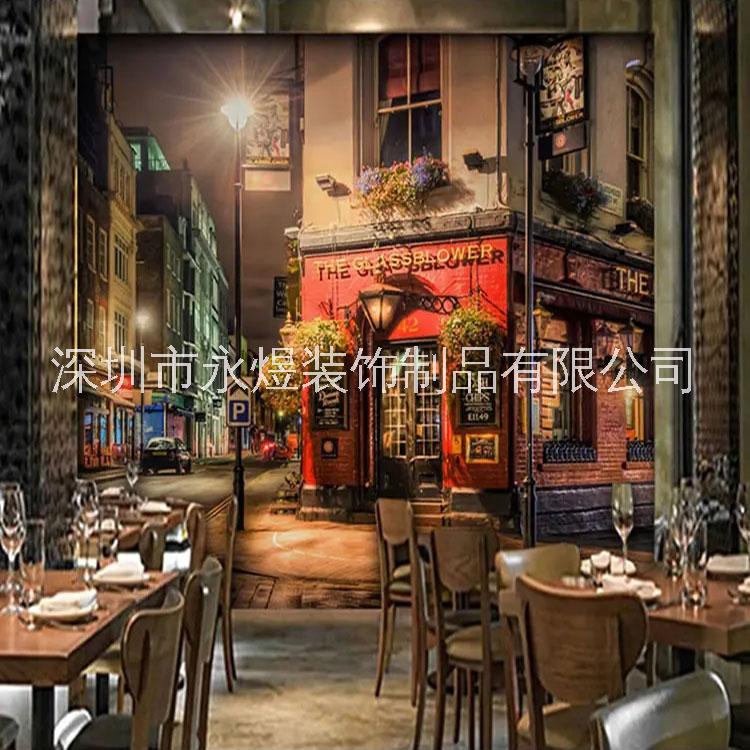 怀旧咖啡馆 西餐奶茶店3D立体墙布 街道街景  延伸感建筑 墙纸 壁纸 壁画图片