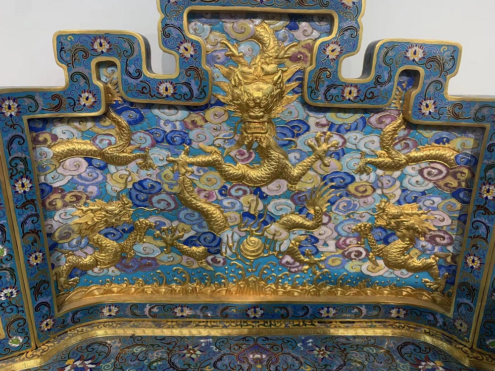 景泰藍(lán)工藝品純手工制作紫銅胎高溫?zé)贫删疤┧{(lán)擺件香爐   景泰藍(lán)龍椅 腳踏