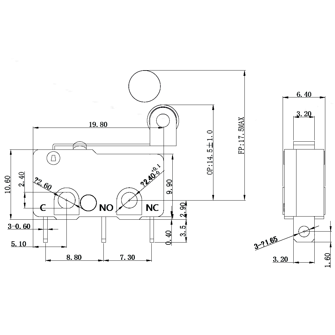 19.8*6.4*10.6滾輪杠桿微動開關(guān)醫(yī)療電動工具智能家居機電信號