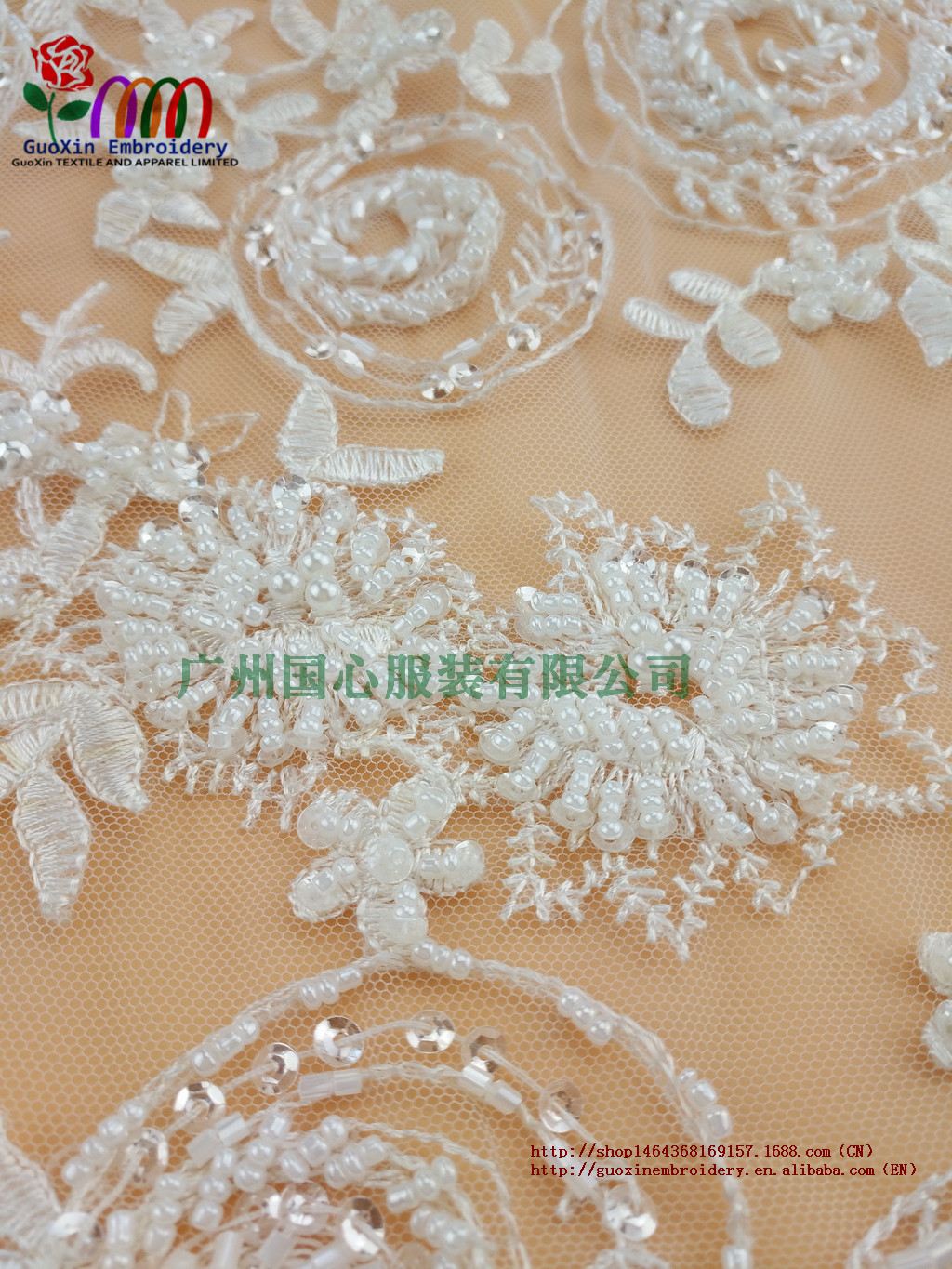 精美彩色釘珠蕾絲  *精美大紅釘珠蕾絲婚紗禮服面料 精美重工釘珠蕾絲