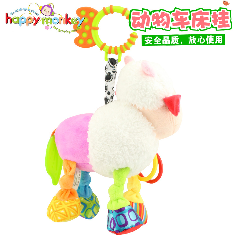 happymonkey 嬰幼兒玩具牙膠玩具小羊車(chē)床掛件玩具啟蒙益智玩具 新款動(dòng)物車(chē)床掛-可愛(ài)小羊
