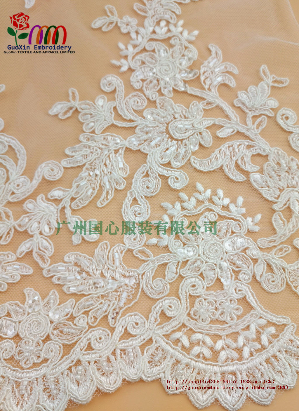 釘珠蕾絲面料婚紗禮服  廠家批發(fā) 釘珠蕾絲面料婚紗禮服 服裝服飾輔料