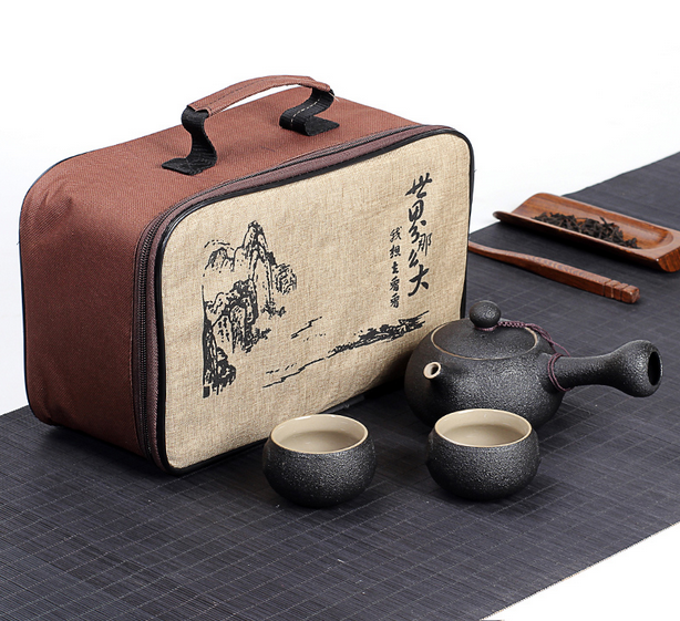 鵬辰 禪風(fēng)陶瓷2人新款黑陶側(cè)把快客杯 功夫一壺兩杯戶外旅行套裝