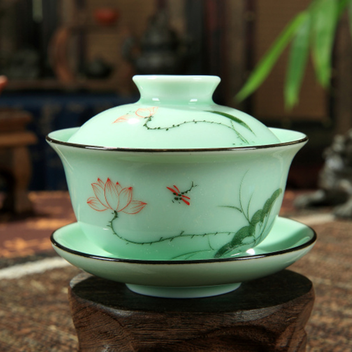 陶瓷青瓷功夫茶具 手繪手彩浮雕魚三才大茶碗蓋碗