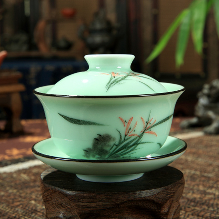 陶瓷青瓷功夫茶具 手繪手彩浮雕魚三才大茶碗蓋碗