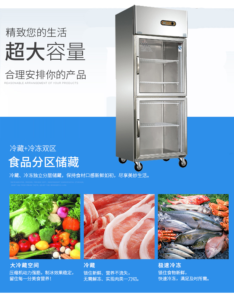 宜春廚房不銹鋼冷柜2門玻璃門（雙玻璃門）