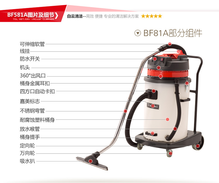 批發(fā)工業(yè)吸塵器耐酸堿防腐蝕吸塵吸水機(jī)70L 嘉美BF581A