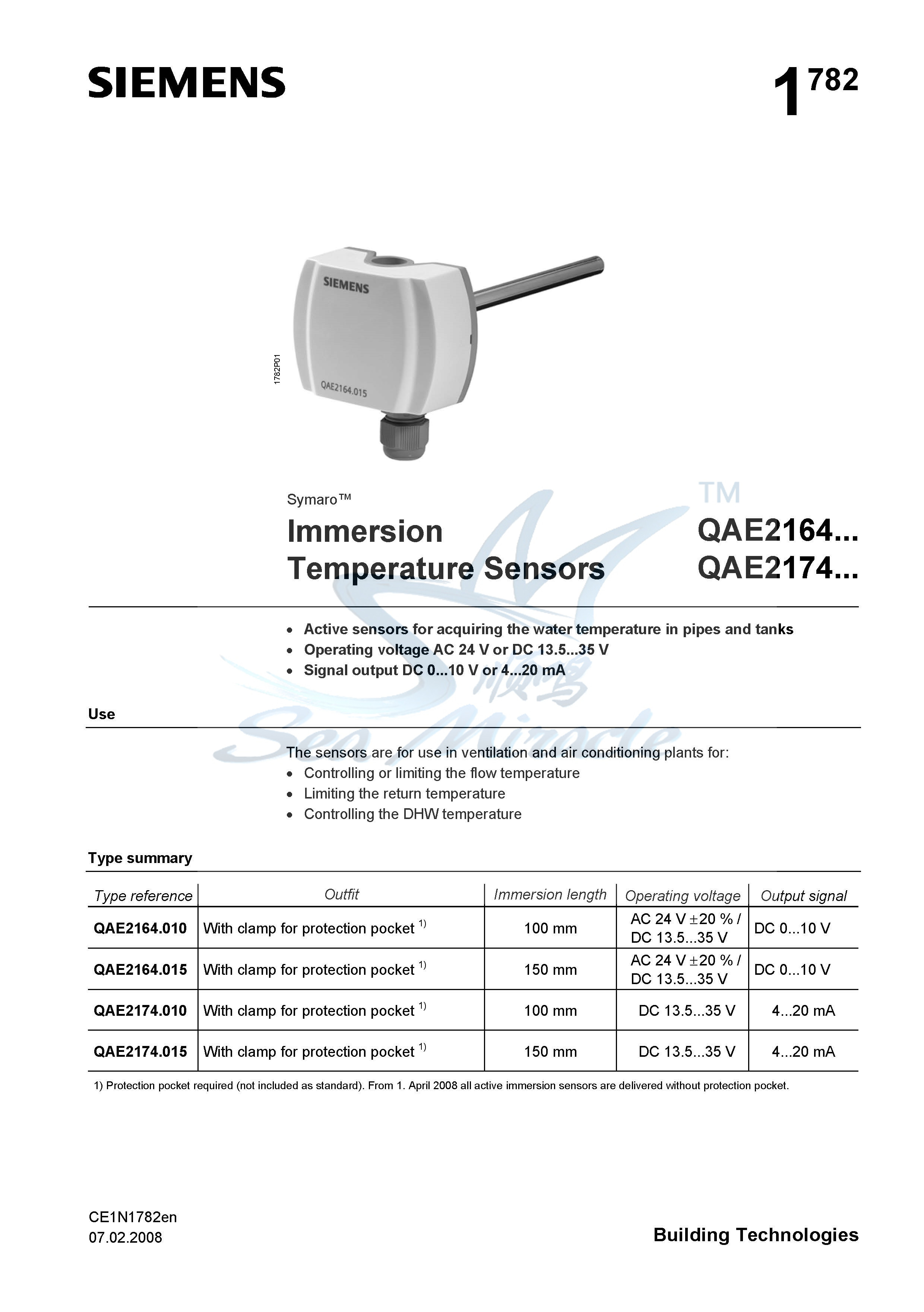 供應(yīng)* QAE2174.015 浸入式溫度傳感器