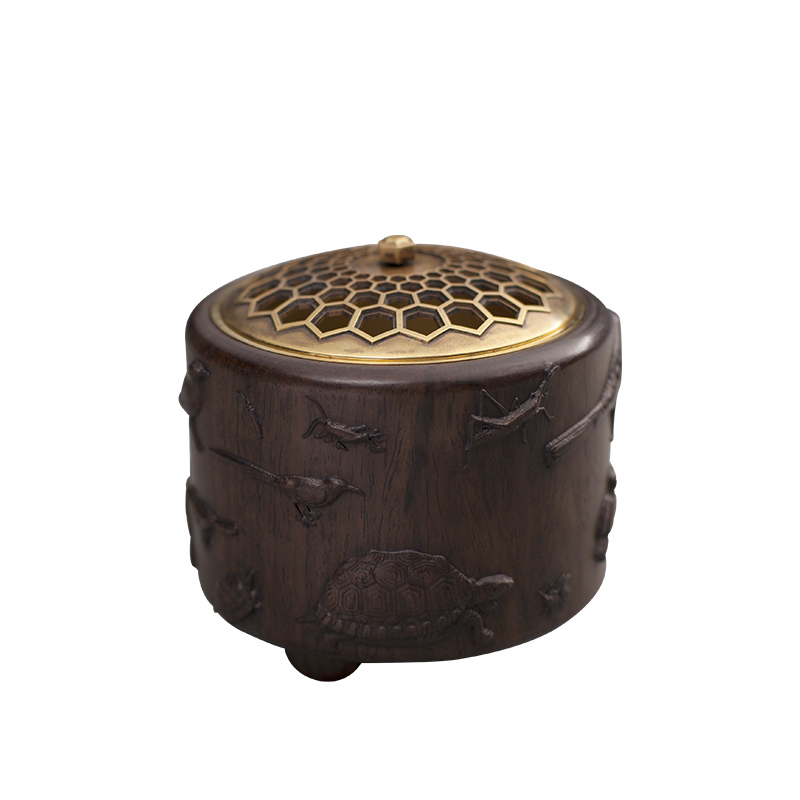 眾生歡喜香爐香薰?fàn)t香席飾品黑檀木黃銅雕刻銅磚塊磚瓦