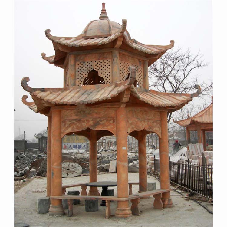 廠家直銷景區(qū)石雕涼亭 晚霞紅石雕涼亭 單層六角亭子
