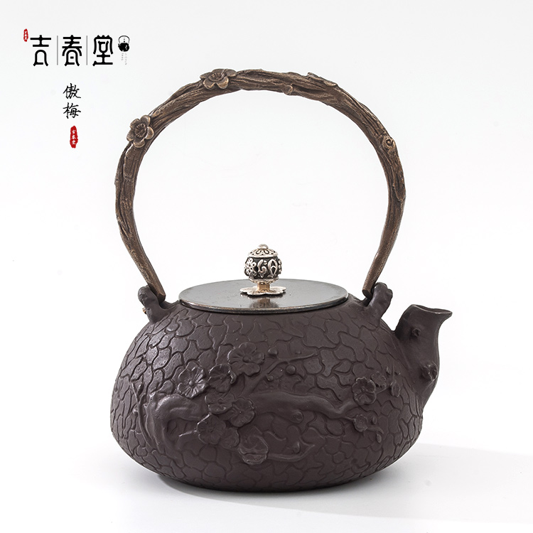 廠家直銷吉春堂鐵壺傲梅 1L茶壺鑄鐵吉春堂傲梅圖鐵壺