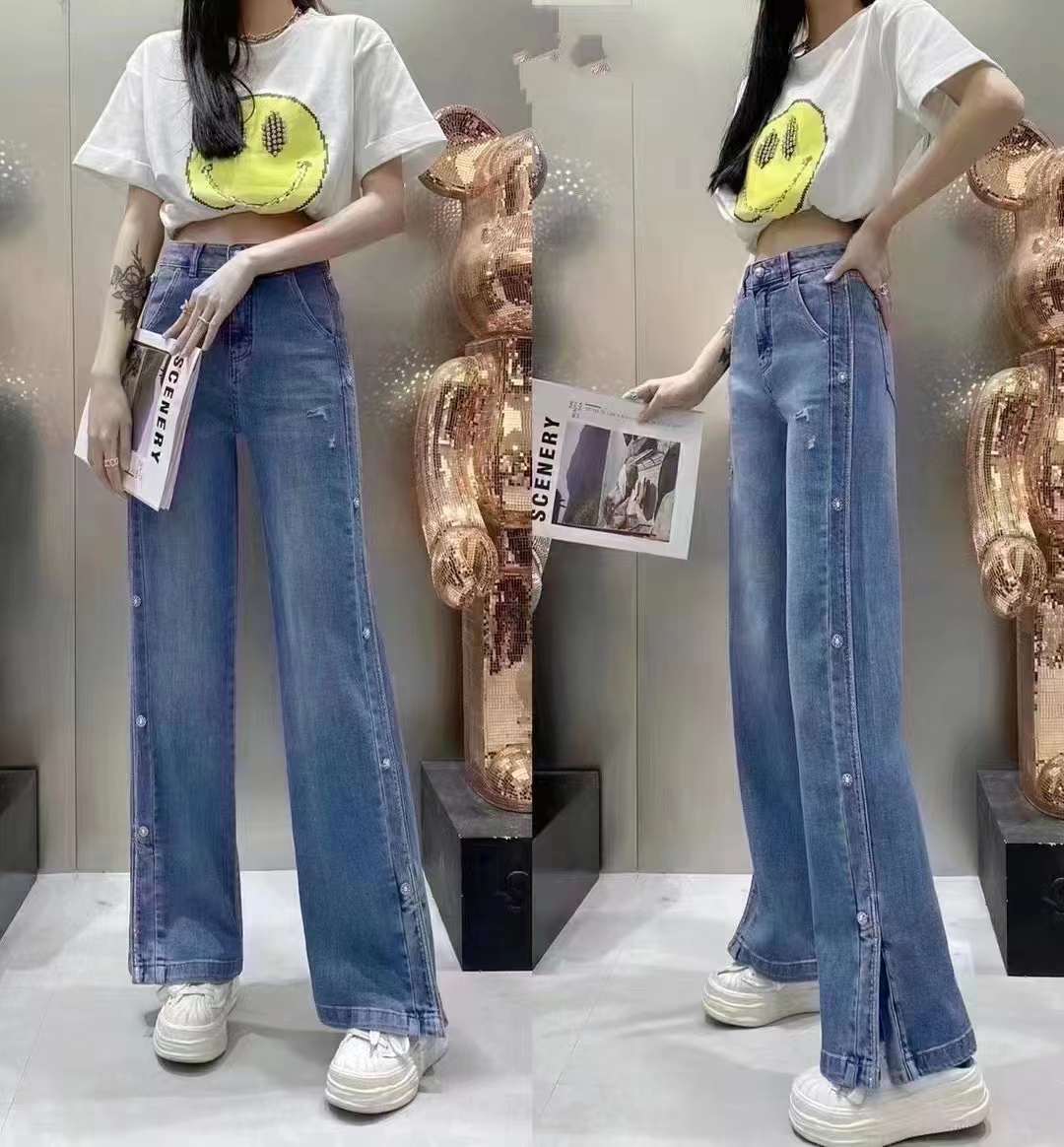 簡(jiǎn)約時(shí)尚品牌藍(lán)鯨牛仔褲2022夏專柜下架女裝折扣尾貨批發(fā)