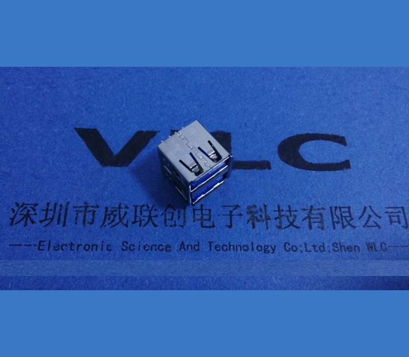 短體13.5 AF90度雙層USB母座 兩層USB連接器 藍(lán)色膠芯 直邊直腳