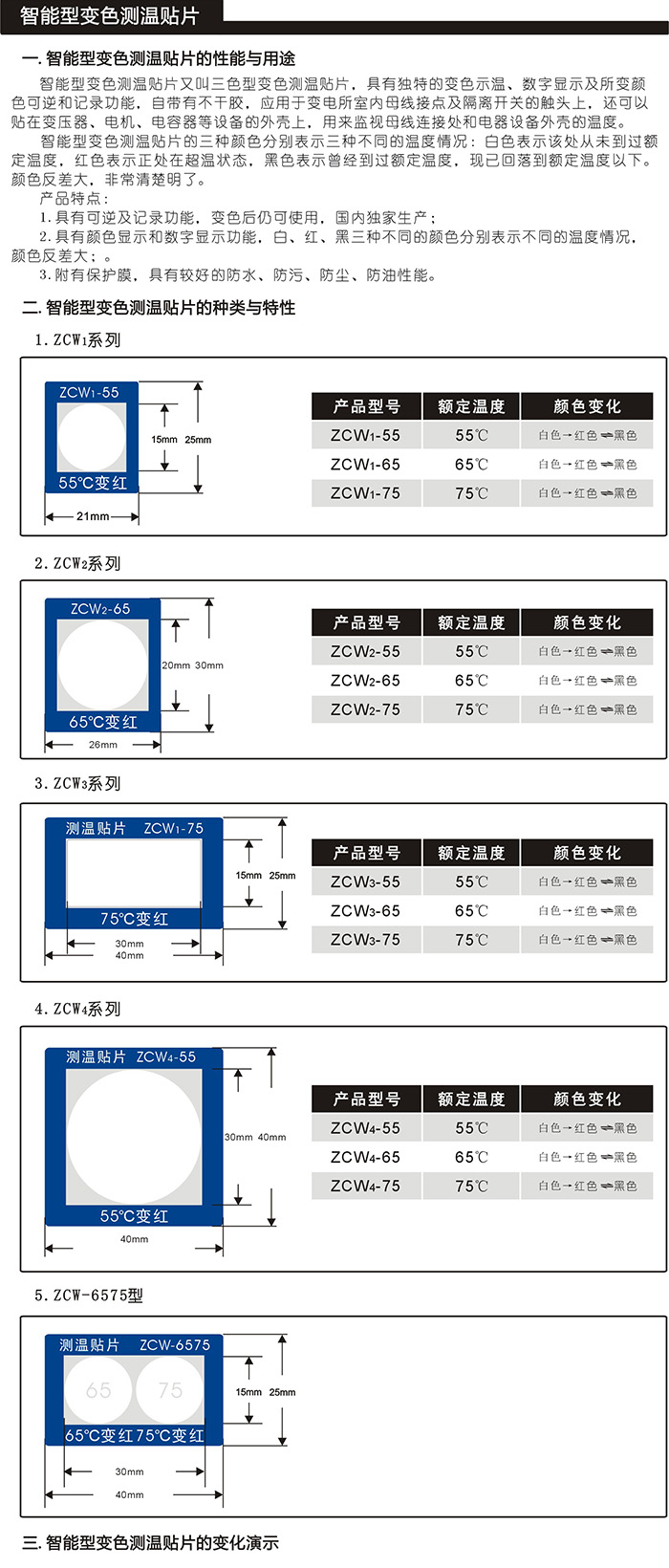 可逆型測(cè)溫貼片ZCW55-75智能型變色測(cè)溫貼片/三色測(cè)溫貼/溫度紙/測(cè)溫紙10片